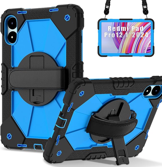 for Xiaomi Redmi Pad Pro 12.1/Xiaomi Poco Pad 12.1 Case with with Kickstand/Hand Strap/Rotating/Shoulder Strap (Black/Black)