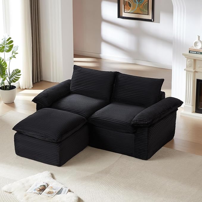 80" Cloud Sectional Couch with L-Shaped Chaise, Corduroy Sectional Sofa with Ottoman, Boneless Couch with Deep Seat in a Box for Living Room, No Assembly Required (Black)