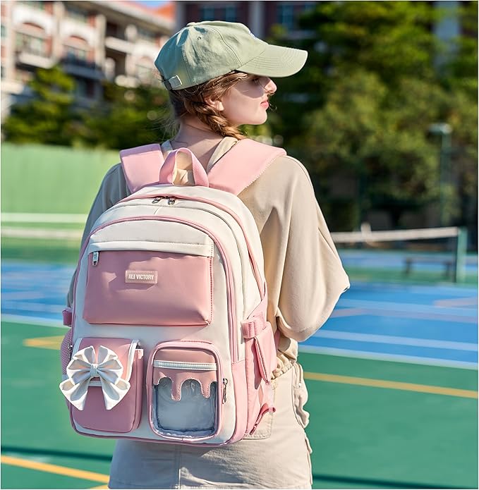 School Backpack for Girls 3PCS Nylon Kids Backpack Set with Lunch Box & Pencil Pouch, Cute Lightweight Teen Girls School Bag Laptop Bag Travel Daypack for Elementary Middle High School Beige Pink