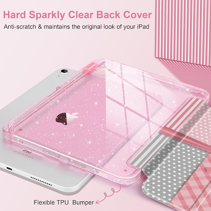 MEEgoodo Case for iPad A16 11th Generation 2025/10th Generation 2022 Glitter Tablet Cases with Transparent Acrylic Back+Trifold Stand +Pencil Holder+Auto Wake/SleepAbstract Sun &amp Palm Tree