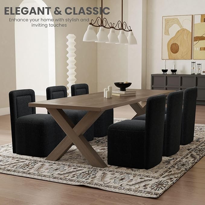 Black Upholstered Dining Chairs Set of 6, Armless Modern Sherpa Dining Chairs with High Back, Kitchen Chair for Dining Room/Restaurant/Living Room