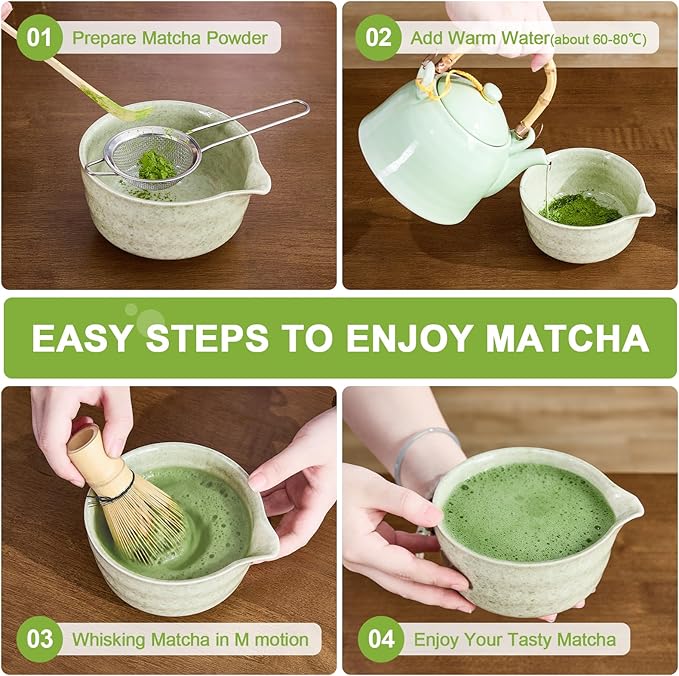 Nigwet 5Pcs Matcha Whisk Set - Matcha Bowl with Spout, 100% Bamboo Whisk (Chasen), Holder, Stainless Sifter, Tea Scoop. Japanese Ceremony Matcha Kit for Beginners, Ideal Gift for Tea Lovers (Green)