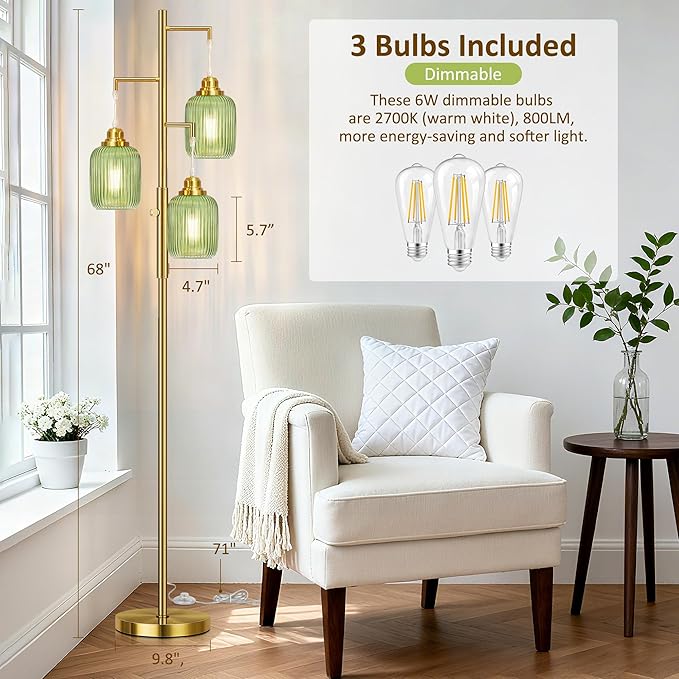 Rottogoon Dimmable Gold Floor Lamp for Living Room- 3 Light Green Glass Floor Lamps, Vintage Brass Tree Floor Lamps with 3X 6W LED Bulbs, Modern Standing Tall Lamp for Bedroom, 68", Gold & Green Glass