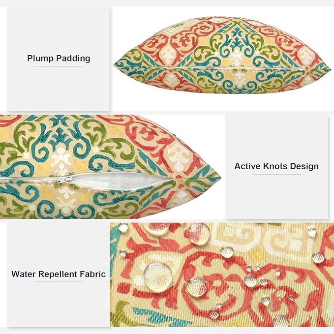 Outdoor/Indoor Lumbar Pillows, Water Repellent Cushion Pillows, 12x20 Inch, Outdoor Pillows with Inserts for Home Garden, Pack of 2, Geometric Orange