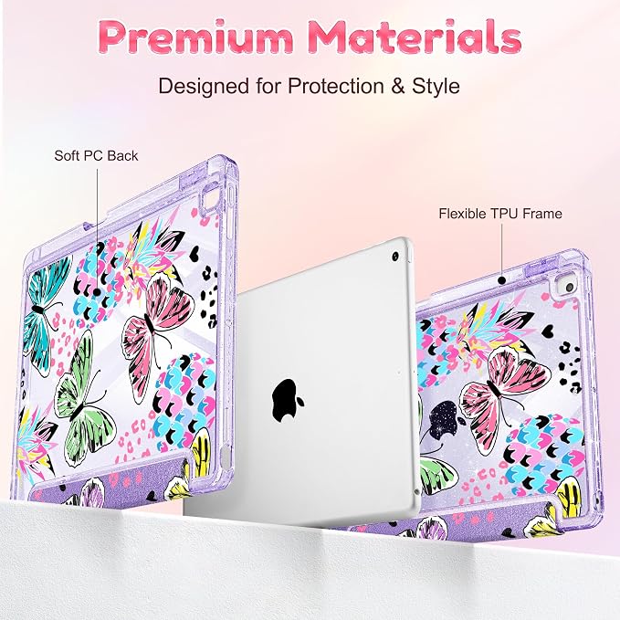 Mektron Sparkly Case for iPad 10.2 inch Glitter Tablet Cases for iPad 9th Gen 2021/8th Gen 2020/7th Gen 2019 Cover with Shiny Clear Back Shell Foldable Bling Smart Cover Blue Floral