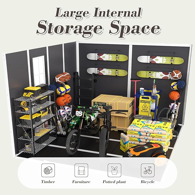 8' x 8' Resin Storage Shed Outdoor, PP Material & Strong Structure for All Weather, Plastic Garden Shed w/Window for Garden, Backyard, Poolside and Lawn, 15mm Thick PP Board - Dark Grey