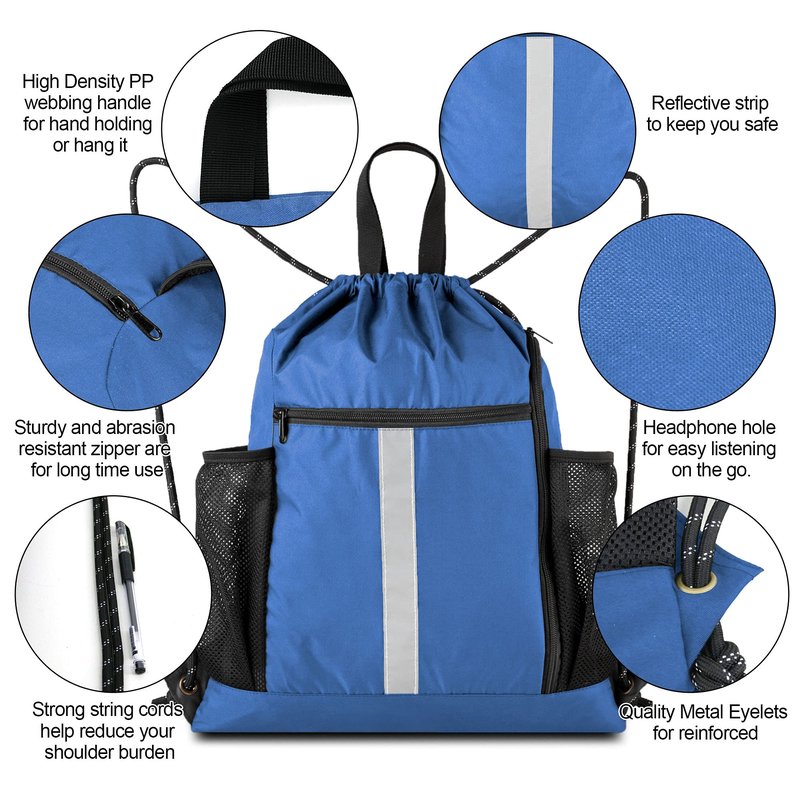 BeeGreen Royal Blue String Backpack Bag Cinch Sack with Shoe Compartment and Two Side Mesh Pockets Lightweight Sturdy Drawstring Gym Sackpack 1 Pack for Unisex