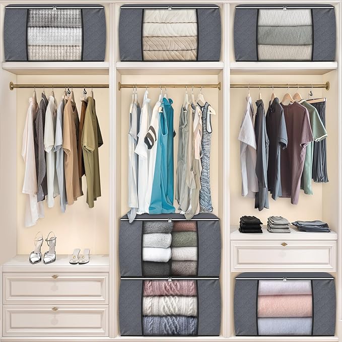 Fab totes 24 Gallons Clothes Storage, Foldable Thick Fabric Blanket Storage Bags, Containers for Organizing Bedroom, Closet, Clothing, Comforter, Organization with Handle (4 Pack,Grey)