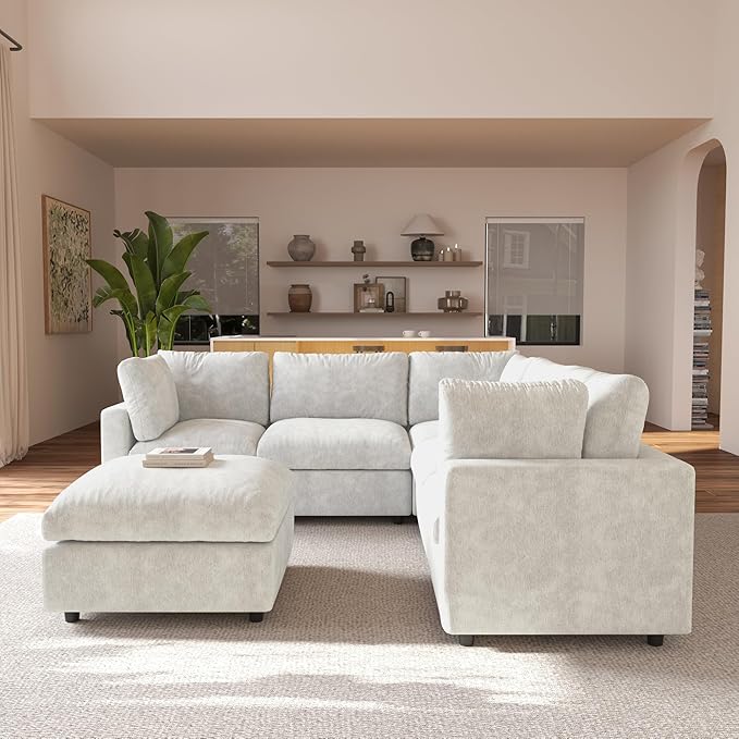 JACH V Shape Sectional Couches with Chaise Ottoman, Convertible Modular Sofa, Cloud Sectional Couch, Sofa Covers Washable, Minimalist Couch for Living Room, Apartment, Beige
