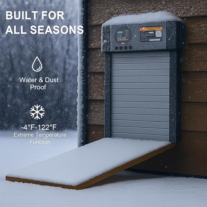 Automatic Chicken Coop Door – Solar Powered Auto Chicken Door with Light Sensor, Timer & Manual Control, 2500 mAh Battery +USB-C Backup, Aluminum,Waterproof, Anti-Pinch Safety, Fits Most Poultry Coops