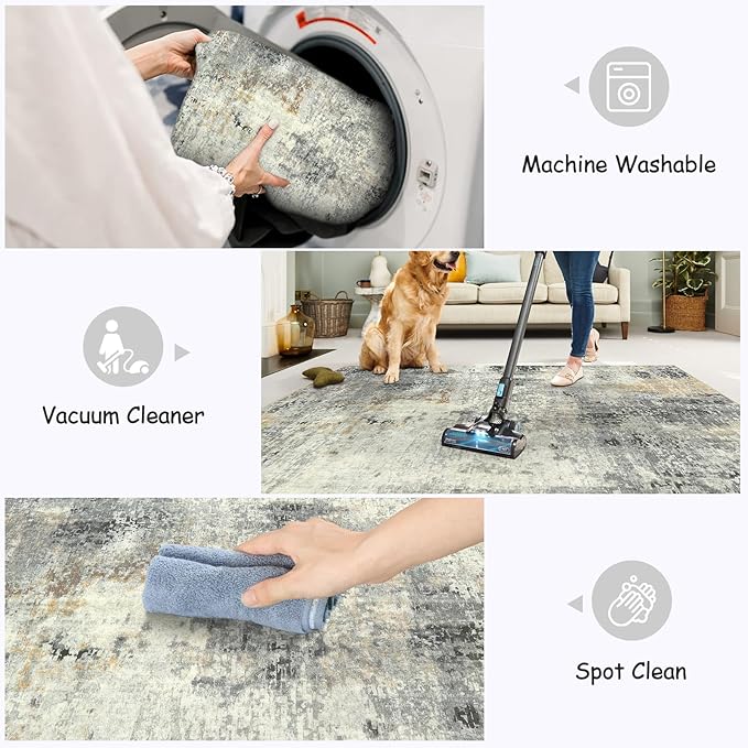 Lahome Modern Abstract Area Rug 6x9 Rugs for Living Room, Washable Accent Bedroom Rug Low Pile Non Slip, Grey Soft Indoor Contemporary Carpet for Dining Room Table Apartment