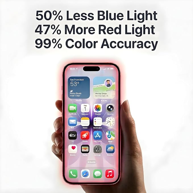 Red Light Converter Screen Protector for [iPhone 16 Pro] - 9H+ Anti-Blue Light Tempered Glass Eye and Skin Protection Ultra-Clear Color HD 12FT Shatter-Proof Touch Sensitive