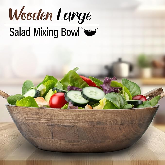 Crocon Wooden Salad Bowls Set, Round Serving Bowl for Fruits or Salads, Cereal, Corn Flake, Large Wood Serving Bowl, 12" Big Salad Bowl With Serving Utensils