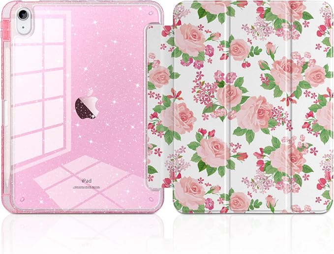 MEEgoodo Case for iPad A16 11th Generation 2025/10th Generation 2022 Glitter Tablet Cases with Transparent Acrylic Back+Trifold Stand +Pencil Holder+Auto Wake/SleepAbstract Sun &amp Palm Tree