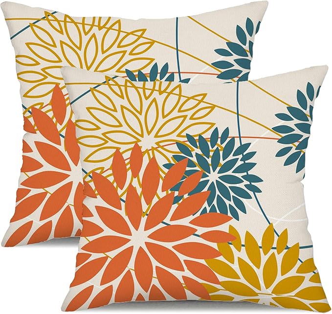 Orange and Yellow Floral Pillow Covers 20x20 Set of 2 Fall Outdoor Waterproof Decorative Throw Pillows Summer Pillowcovers Polyester Cushion Case Decor for Couch Patio Funiture Garden Porch 01Q20