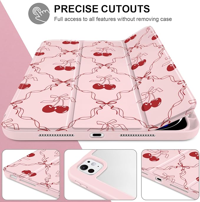 DONGKE for iPad Pro 11-Inch Case (M5 2025 / M4 2024) 6th/5th Generation [Auto Sleep/Wake &amp Pencil Pro Holder] Clear Acrylic Back Smart Trifold Stand Cover Bear &amp Cherry