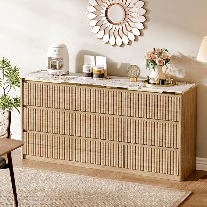 Fluted Dresser for Bedroom with 9 Drawers,62.99" Modern Chest of Drawers with Faux Marble Top, Curved Profile Design,Dresser TV Stand, Wood Drawer Organizer for Living Room, Hallway, Wood