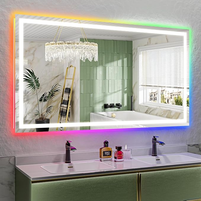 YEELAIT 72x40 Inch RGB LED Bathroom Mirror Front Light and RGB Backlit Lighted Vanity Mirror for Bathroom Wall Mounted Dimmable Anti Fog Memory Shatter-Proof IP54 Waterproof Horizontal/Vertical
