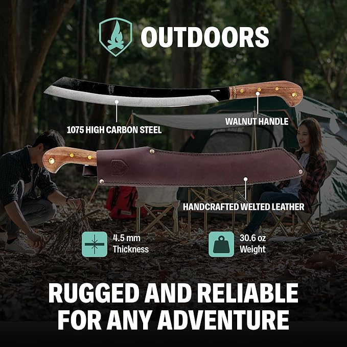 Condor Tool & Knife Duku Machete | Heavy Duty Machete Knife with Hand Crafted Welted Leather Sheath | 1075 High Carbon Steel Tactical Machete with Walnut Handle | 4.5mm Thick | 16in Blade | 30.6oz