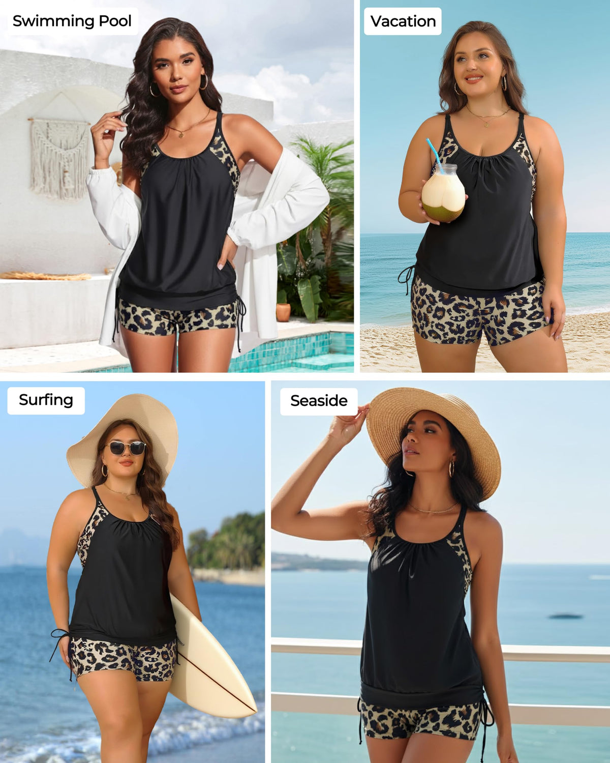 Holipick Leopard and Black Tankini Swimsuits for Women Two Piece Tummy Control Bathing Suits Blouson Tankini Top with Sporty Boy Shorts M
