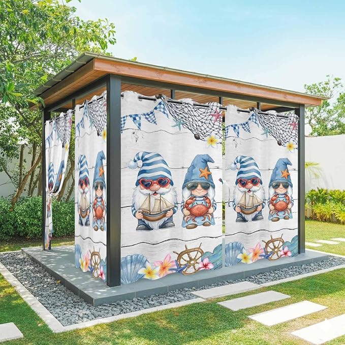 Ocean Gnome Outdoor Curtains for Patio Summer Marine Plumeria Shell Wooden