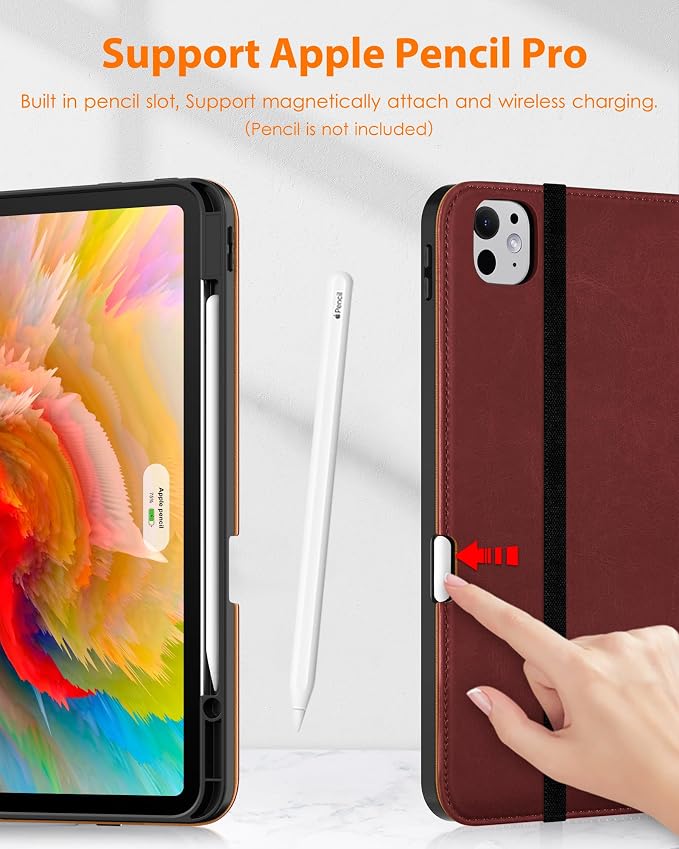 DTTO for iPad Pro 13 Inch Case (M5) 2025 / (M4) 2024 Brown | Premium Leather Business Cover with Pencil Holder Hand Strap &amp Pocket Corner Protection Auto Sleep/Wake Multiple Angles