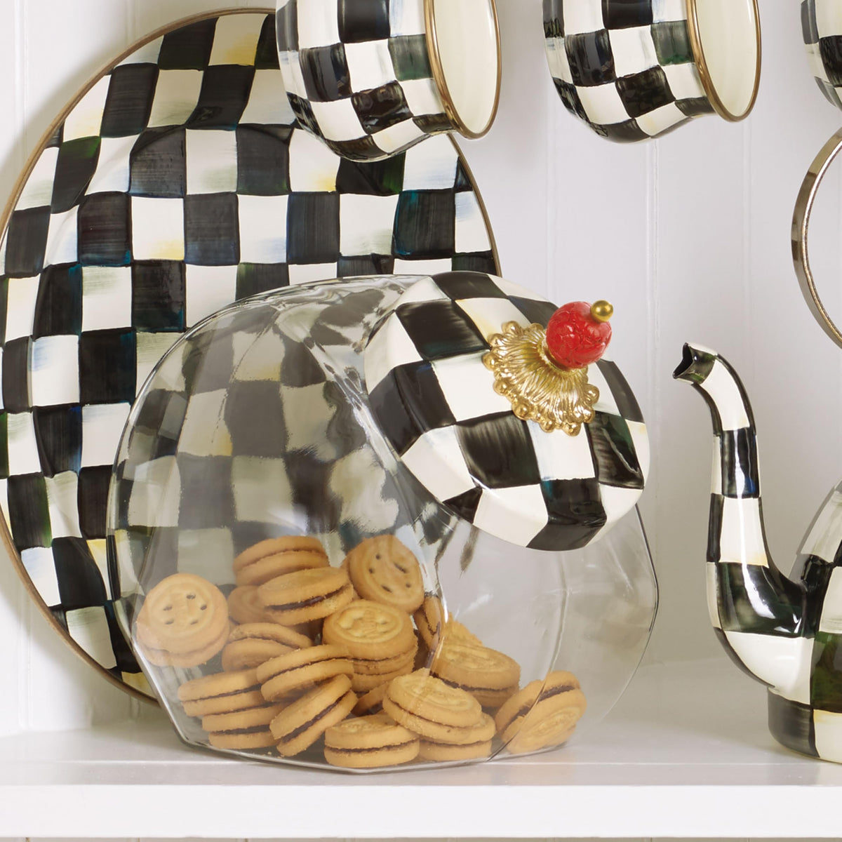 MACKENZIE-CHILDS Glass Cookie Jar with Lid, Gray-and-White Sterling Check