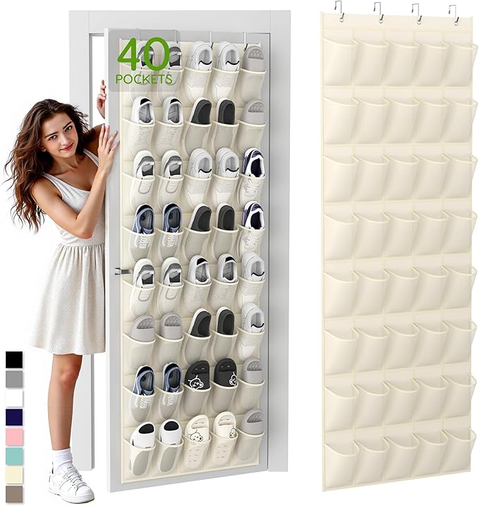 Unjumbly Over the Door Shoe Organizer with 40 Large Breathable Mesh Pockets, Space Saving Shoe Holder, Hanging Shoe Rack for Entryway Bedroom Closet Storage (Beige, 40 Pockets)