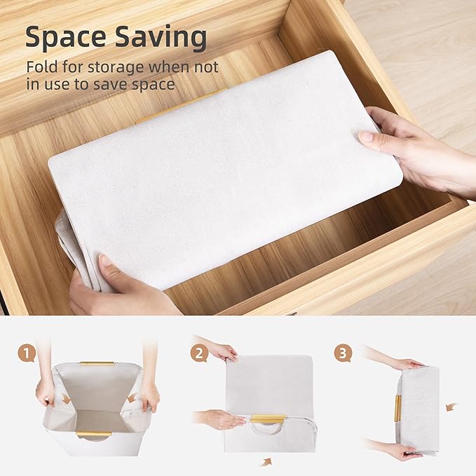 STORAGE MANIAC Large Laundry Hamper, 80L (21.1 Gal) Collapsible Laundry Basket with Bamboo Handles, Freestanding Waterproof Clothes Hamper for Laundry Room, Bedroom, Dorm, Towels, Toys, Beige