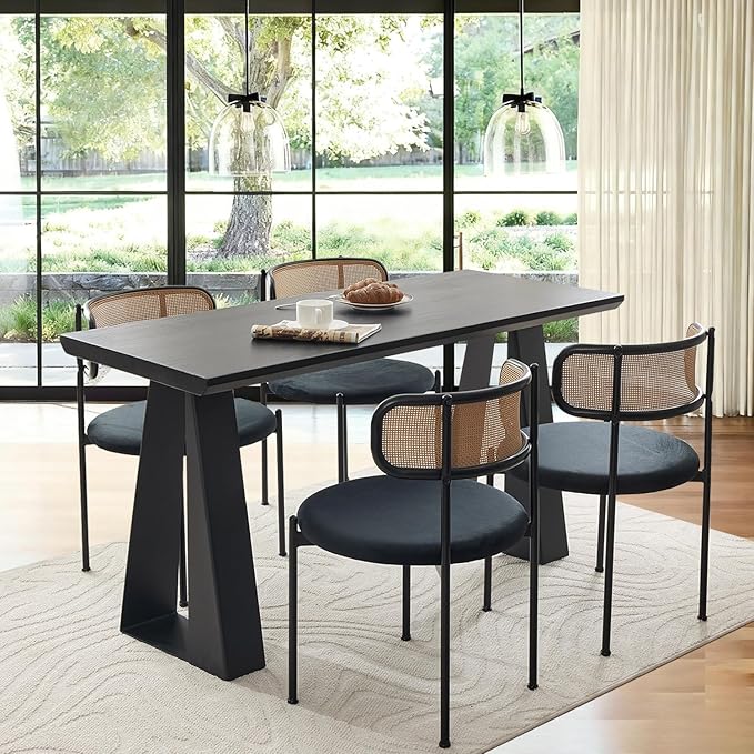 Rattan Dining Chairs Set of 2, Mid Century Modern Dining Chairs with Cane Back and Boucle Upholstered Seat, Farmhouse Kitchen Chairs for Dining Room and Living Room, Black