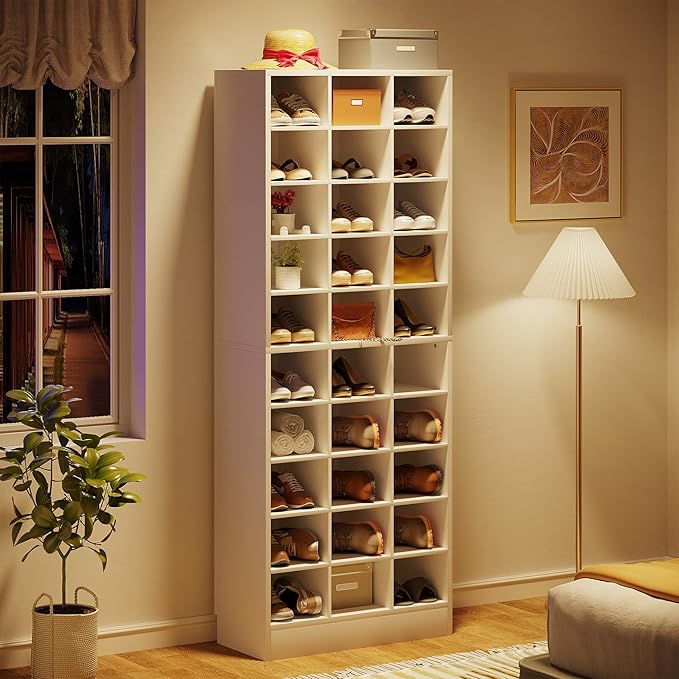 Tribesigns 10-Tier Shoe Storage Cabinet, White Wooden Shoe Rack with 30 Cubbies, Freestanding Tall Entryway Shoe Organizer for Closet, Entryway, Living Room