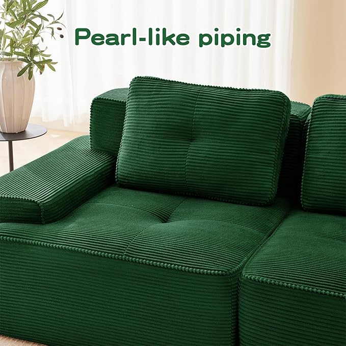 80" Modern Corduroy Boneless Love Seat Couches, 2 Seater Large Sectional Couches for Living Room, Green Cloud Modular Sectional Sofa, Memory Foam, Extra Deep Loveseat, No Assembly