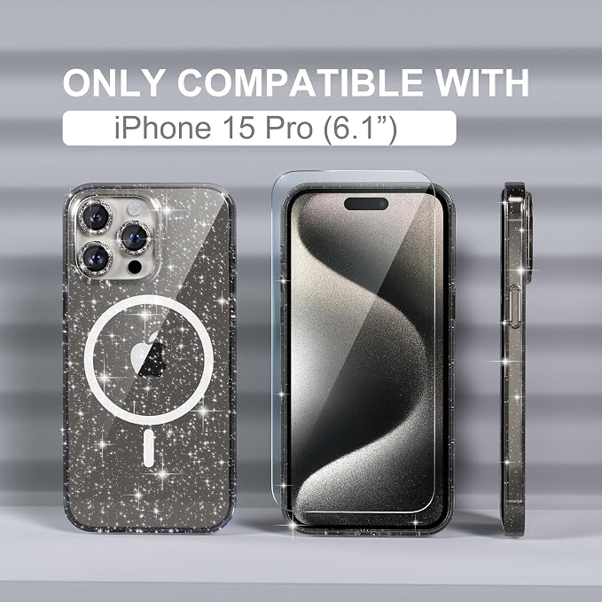 Choiche for iPhone 15 Pro Max Case Compatible with MagSafe Glitter Black | Women Girly Cute Glitter Sparkly Magnetic Phone Case with Diamond Camera Lens Protectors Military-Grade Drop Protection 6.7