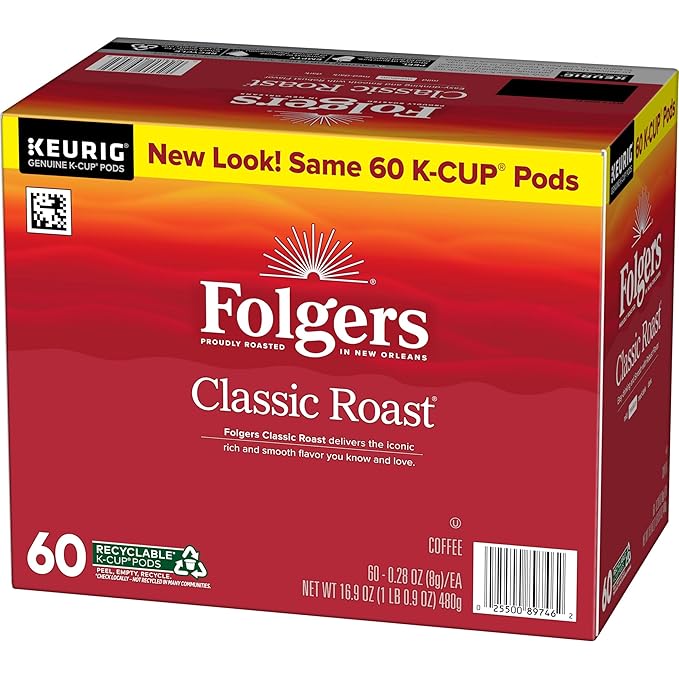 Folgers Classic Roast Coffee, Medium Roast, Keurig K-Cup Pods, 60 Count