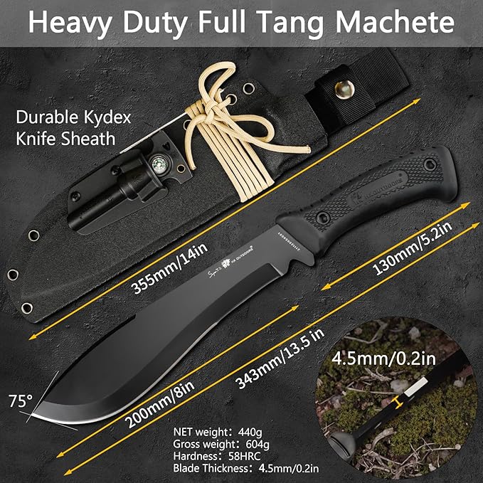 HX Outdoors 14 Inch Bush Machete Kukri Knife, Premium D2 Steel Full Tang Gardening Machete Knife with Kydex Sheath for Outdoor, Camping, Clearing Brush (Black)