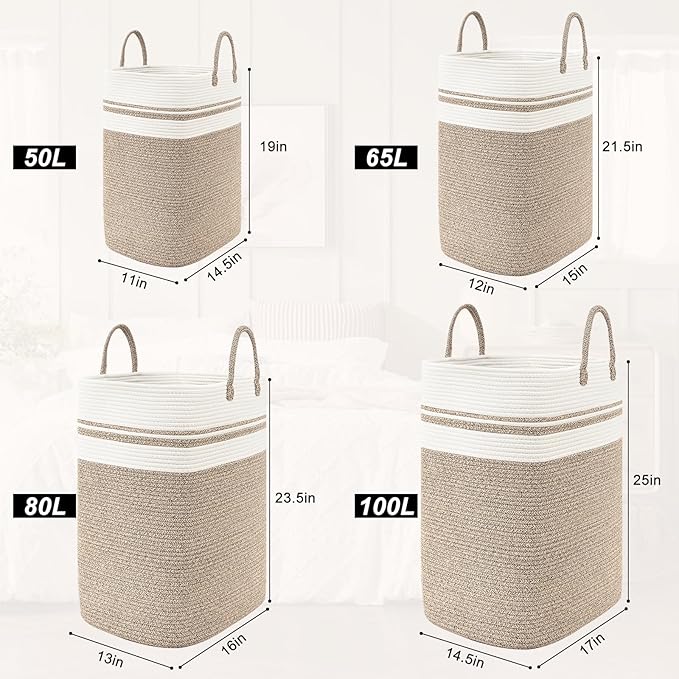 Woven Laundry Basket for Clothes, 50 L Large Rectangle Laundry Hampers with Beads Tassel, Nursery Storage Basket for Toys, Tall Dirty Clothes Hamper for Bedroom Aesthetic, Laundry Room Organization