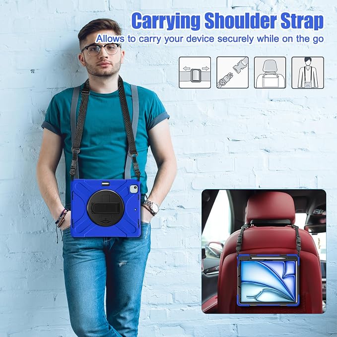 Batianda VortiGrip Case for iPad Air 11 M2/M3/M4 2024-2026 Colorful Blue | Heavy Duty Triple-Layer Rugged Case with 360° Rotating Hand Strap Foldable Hidden Stand Shoulder Strap and Pencil Holder