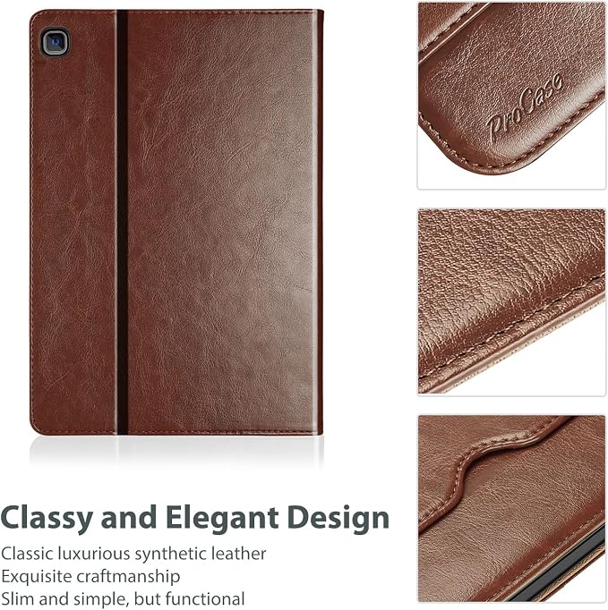 ProCase Leather Case for Galaxy Tab S6 Lite 10.4 2024/2022/2020 - Brown | PU Leather Folio with S Pen Holder Hand Strap Front Pocket and Multi-Angle Stand for Galaxy Tab S6 Lite 10.4