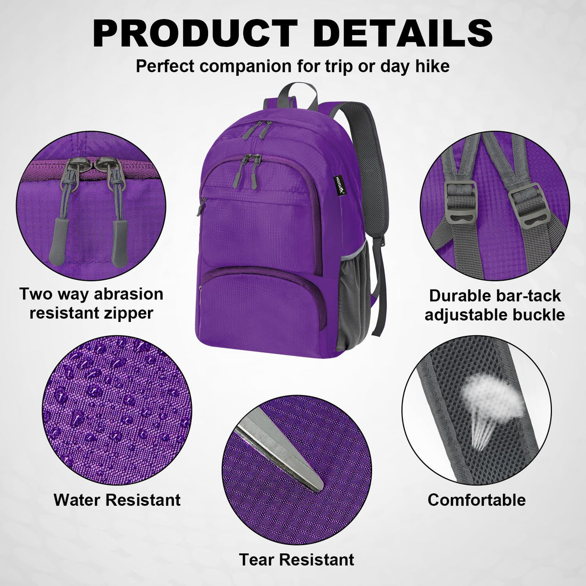 HOLYLUCK 20L Lightweight Packable Hiking Daypack Foldable Backpack for Men Women Small Travel Outdoor Foldable Shoulder Bag-purple
