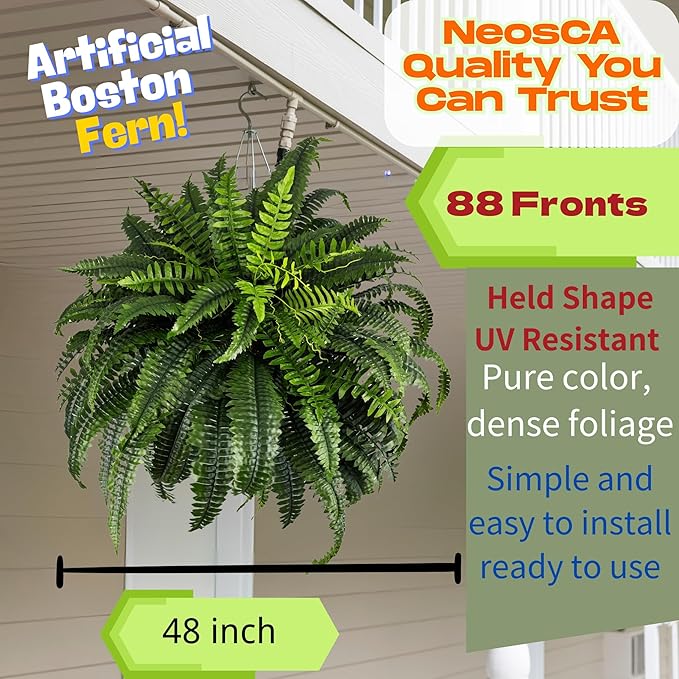 Giant Artificial Boston Ferns for Outdoors Large UV Resistant Lifelike Faux Fern, Realistic Silk Greenery Plants Large for Patio, Office, Home Decor, 88 Branches, 48 in Fake Fern Natural Green