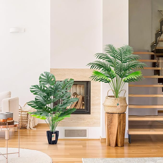 Der Rose 2Packs 28'' Fake Palm Tree Large and Artificial Monstera Plants Outdoor for Home Living Room Porch Balcony Garden Decor Indoor