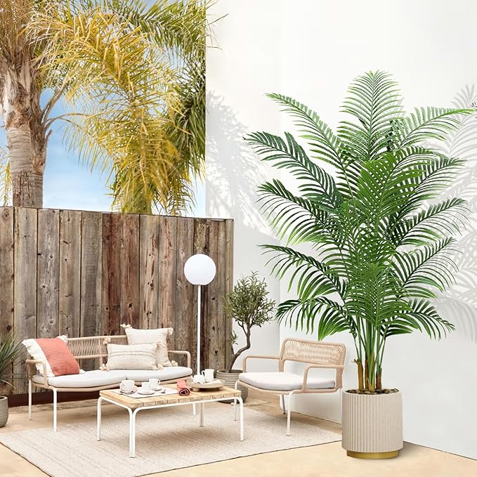 Artificial Palm Tree 7FT - Fake Tree with White Planter - Faux Tropical Areca Floor Plant in Pot - Artificial Silk Plant for Home Office Living Room Decor Indoor Outdoor Artificial Trees