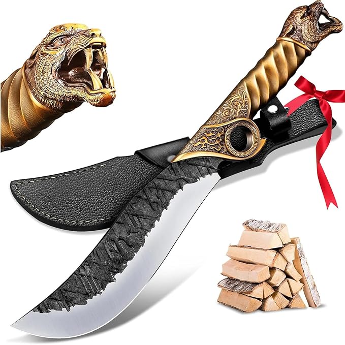 Purple Dragon Heavy Duty Machete for Cutting Trees – Japanese Forged Survival Machete with Tiger Head Handle, Gardening Machetes with Leather Sheath, Yard Work & Outdoor Camping Machetes