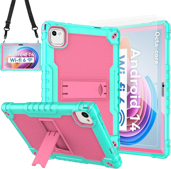 for HNVHNV/Aiprotablet/kelankeke K10 Tablet 10 inch Android Tablets Case Built in Kickstand Heavy Duty Hybrid Protective Case Hard Back Shell Case with Shoulder Strap (Black)