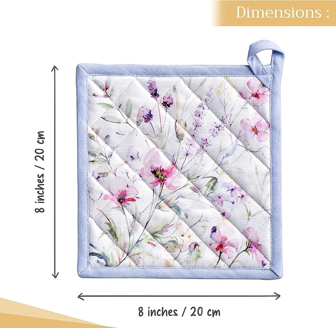 Maison d' Hermine Pot Holders 100% Cotton Heat Resistant Potholders 8" x 8" Hot Pads with Loop BBQ, Cooking, Baking, Grilling, Kitchen, Handling Hot Pans Spring/Summer (Pack of 1, Summer Floral)