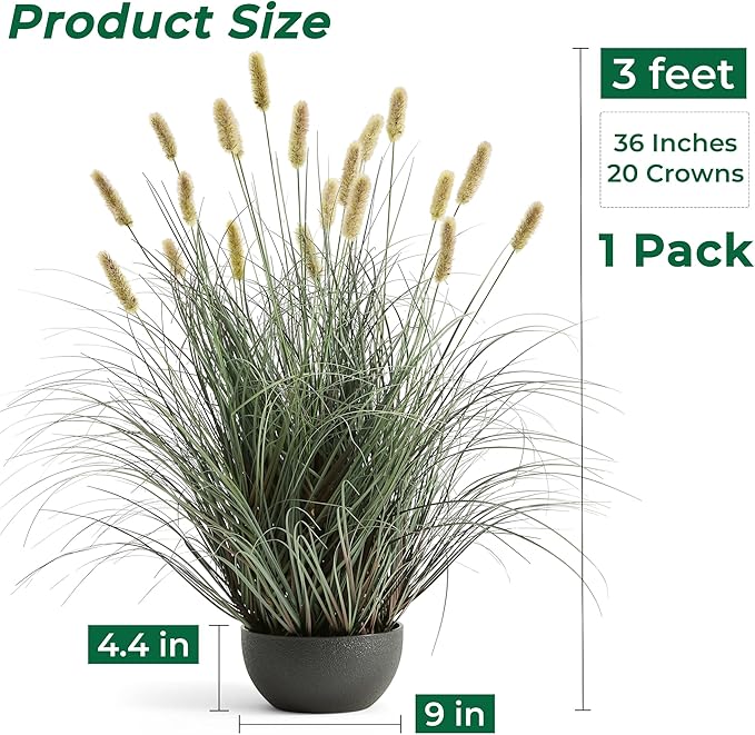 3ft Onion Grass, Extra Lush Artificial Plant and Greenery, Fake Floor Plants Indoor Outdoor, Potted Faux Green Bristlegrass with Yellow Spikes, Horsetail Reed Grass, House Decorative