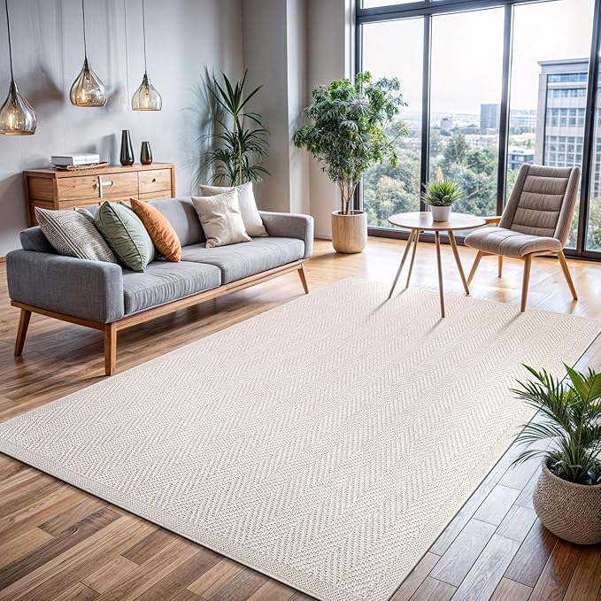 CAMILSON Easy Jute Rug 5x7, Indoor Outdoor Off-White Color Fiber Area Rugs for Living Room Patio and Kitchen Rug Herringbone Seagrass Woven Design Easy-Cleaning Washable Outside Carpet Alfombras 5 x 7