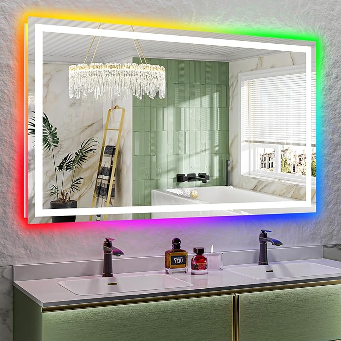 YEELAIT 66x40 Inch RGB LED Bathroom Mirror Front Light and RGB Backlit Lighted Vanity Mirror for Bathroom Wall Mounted Dimmable Anti Fog Memory Shatter-Proof IP54 Waterproof Horizontal/Vertical