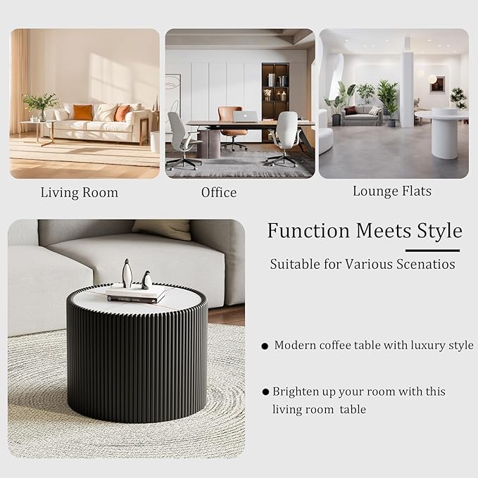 Round Coffee Table Set with Sintered Stone Tabletop, 29.52" Black Drum Center Table and 17.71" Black Coffee Table Set, 2 Pieces Living Room Table Set with Fluted PU Leather Cover& Stable Base