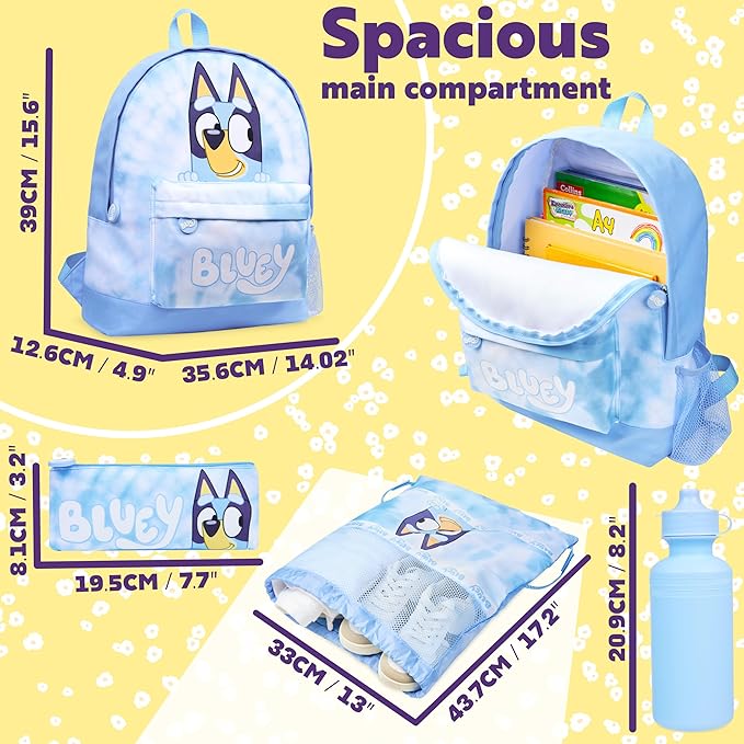 Bluey Backpack Set 4 Pcs with Water Bottle Pencil Case Modern Lunch Bag or Sports Gym Drawstring Bag Gifts for Kids Tie Dye